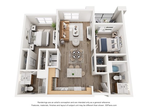 Floor plan for 2 beds, 2 baths, 934 sqft